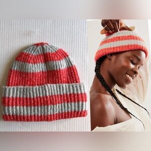 Free People Harbor Marled Ribbed Beanie Red and Grey
